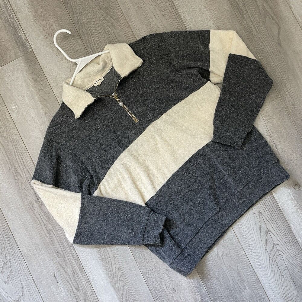Donni Terry Sweater striped half zip pullover womens Cream Gray (small) preppy